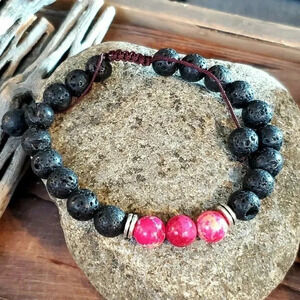 Handcrafted Chakra Bracelet Deep Pink Aqua Terra Jasper Black Lava